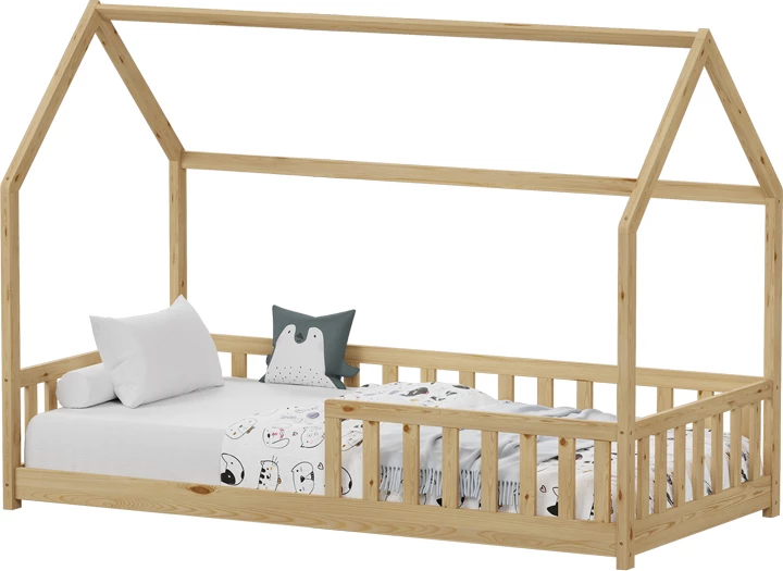 Krevat fëmijësh Montessori Callan me parmakë, dru pishe, ngjyrë natyrale, 90x190cm