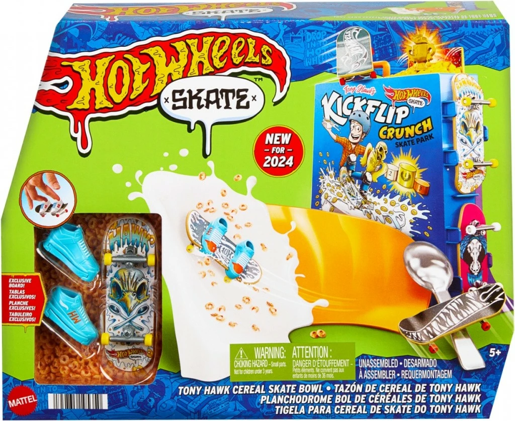 Set lodrash Hot Wheels Tony Hawk Skate Breakfast Ramp me finger skateboard dhe këpucë gishti, Multicolour