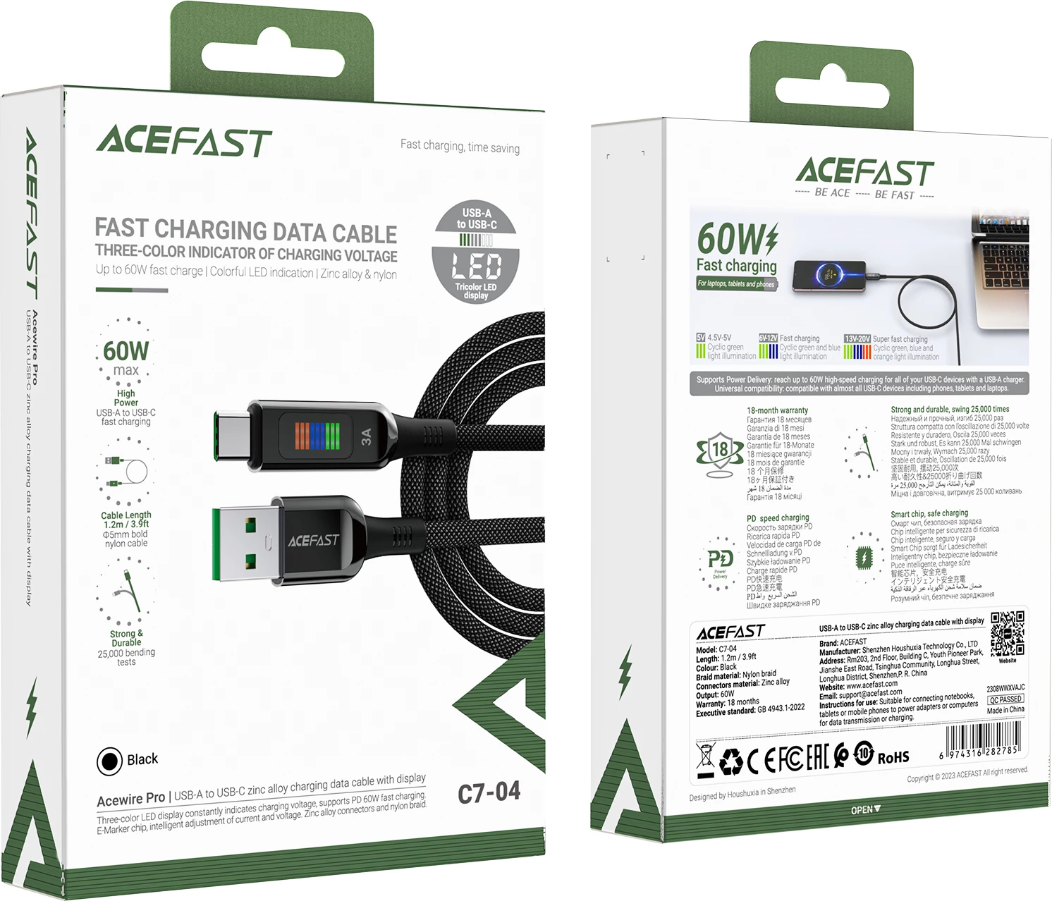 Kabllo Acefast C7-04 USB-A në USB-C, 1.2m, 60W, me ekran, e zezë