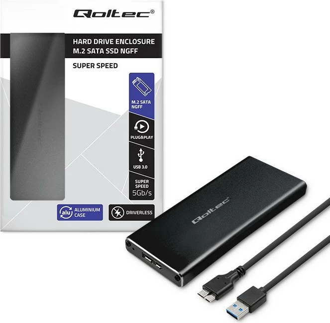 Kasë Qoltec 51854 për SSD M.2 SATA/NGFF, USB 3.0, Alumini, E zezë