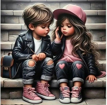 Set mozaik diamanti Norimpex NO-2001528, Vajza dhe Djaloshi në Shkallë, 40x30 cm, shumëngjyrësh