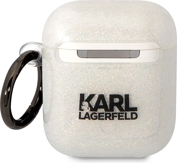 Mbështjellës Karl Lagerfeld KLA2HNKCTGT për AirPods 1/2, transparent, glitter me unazë