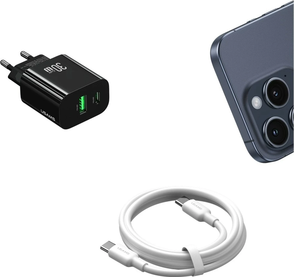 Karikues muri USAMS CC316 T65, 30W, 1x USB-C, 1x USB-A, i zi