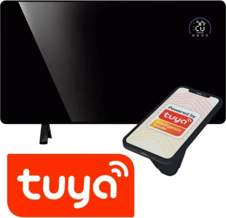 ngrohës panelor me infra të kuqe prej xhami, MPM MUG-23, 600W, Wi‑Fi Tuya, telekomandë, ekran LED, montim në mur ose me këmbë, e zezë