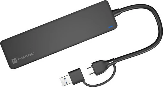 Hub USB Natec Mayfly NHU-2023, 4 porta USB-A, me adapter USB-A në USB-C, e zezë