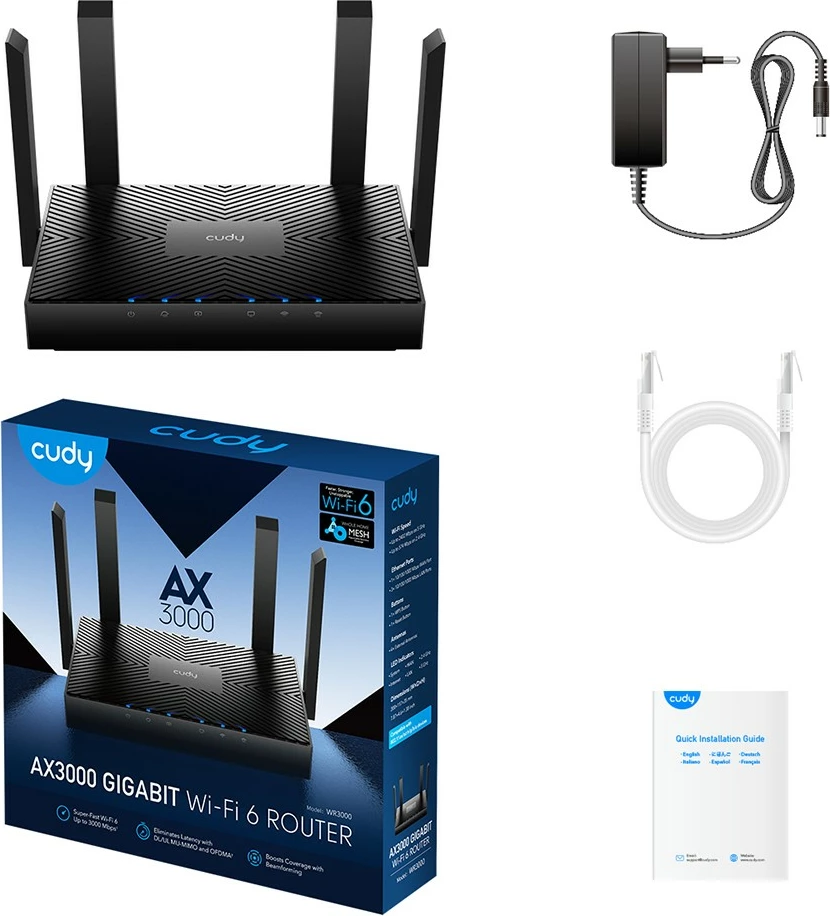 Kasë rrjeti Cudy WR3000, AX3000 Wi-Fi 6, 4 antena, e zezë