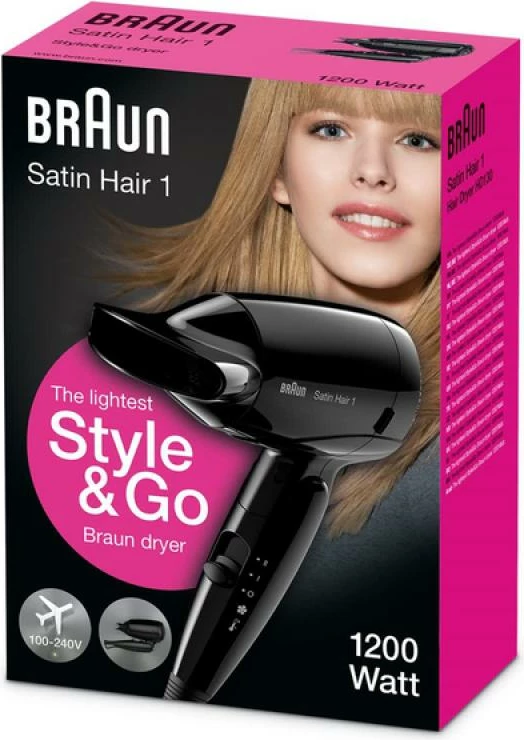 Tharëse flokësh, Braun, Satin Hair 1 HD130 Travel (BRHD130E), kompakte për udhëtim, e zezë/kafe