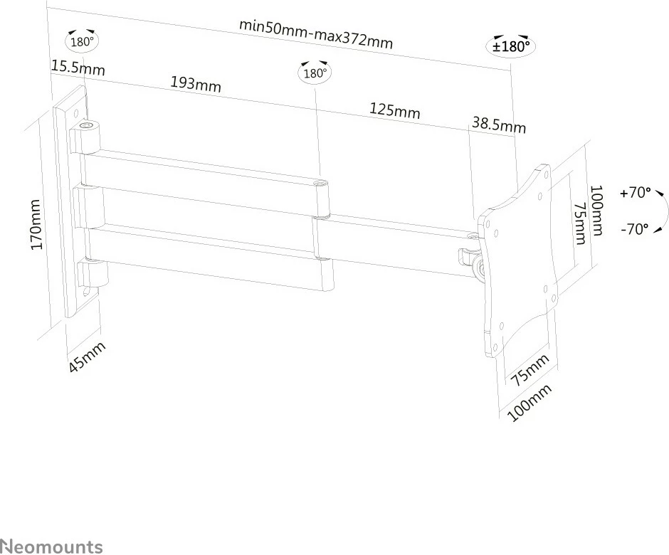 Mbajtës muri Neomounts FPMA-W830BLACK, 75 x 75 mm, 100 x 100 mm, 0 - 140°, 0 - 180°, Alumini, E zezë