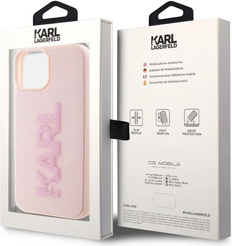 Mbështjellës Karl Lagerfeld 3D Rubber Glitter Logo për iPhone 15 Plus, rozë