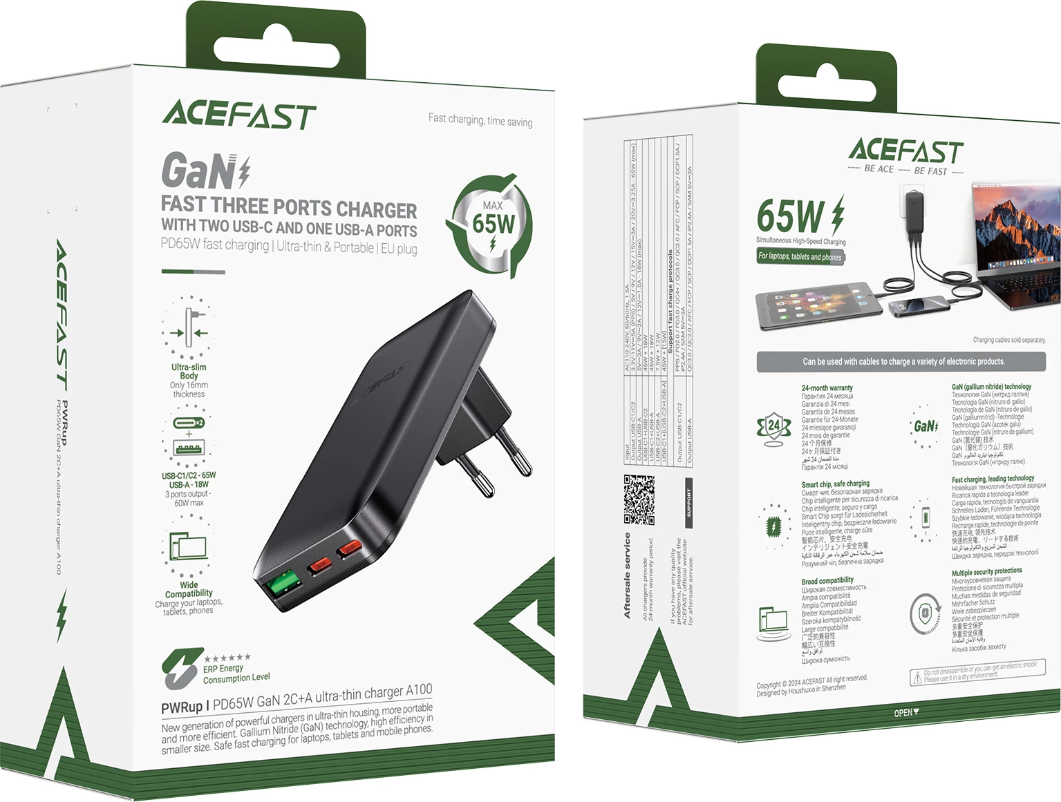 Karikues Acefast A100, 65W, GaN, 2x USB-C + USB-A, ultra i hollë, i zi