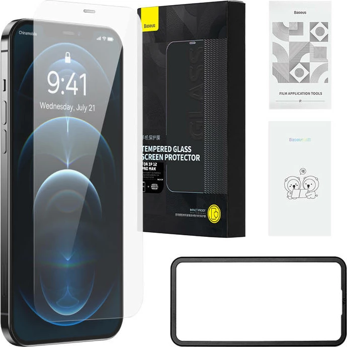 Xham i temperuar Baseus Schott HD 0.3mm me filtër pluhuri për iPhone 12 Pro Max