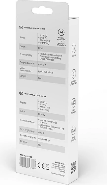 Kabllo USB SAVIO CL-152, 1m, USB 2.0, USB C/Micro USB/Lightning, e zezë