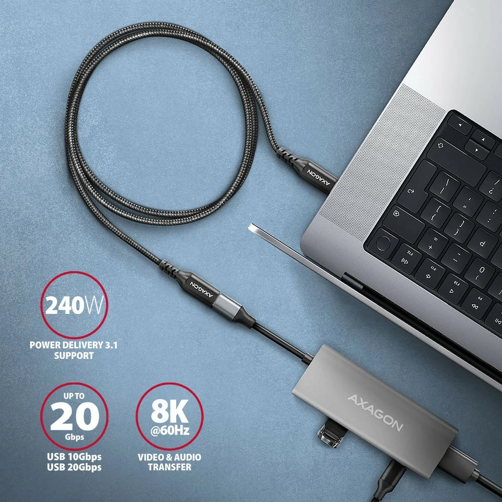 Kabllo zgjatues USB-C AXAGON BUCM32-CF15AB, 1.5m, 20Gbps, 240W, e zezë
