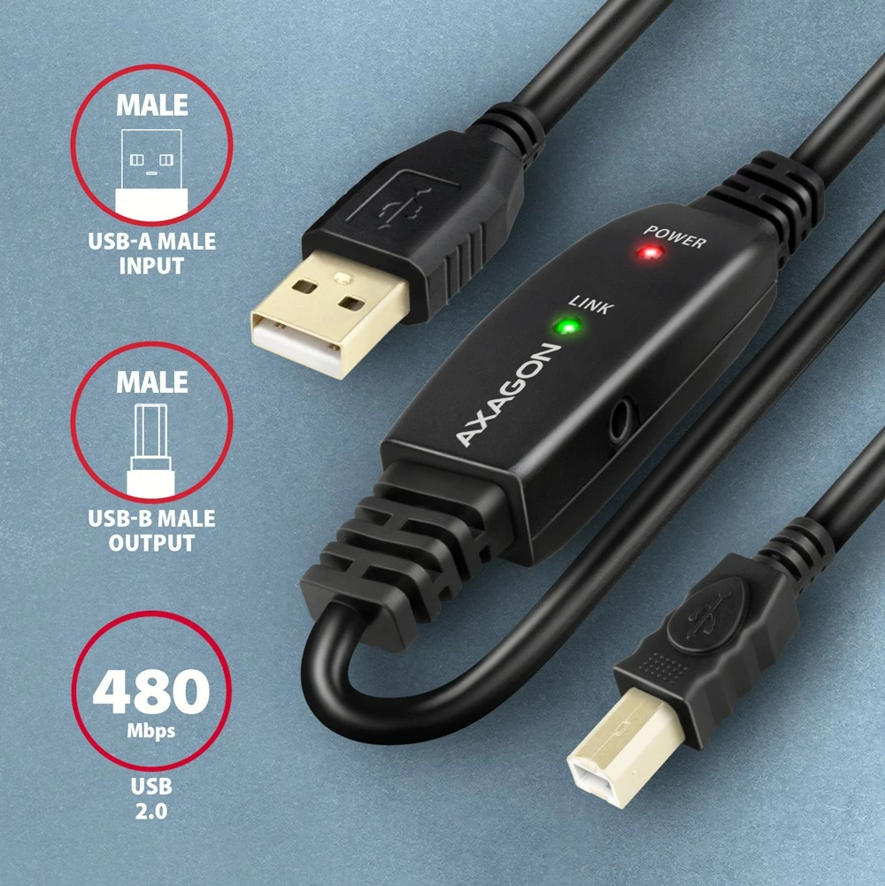 Kabllo aktive AXAGON ADR-210B, USB 2.0 A-M në B-M, 10m, e zezë