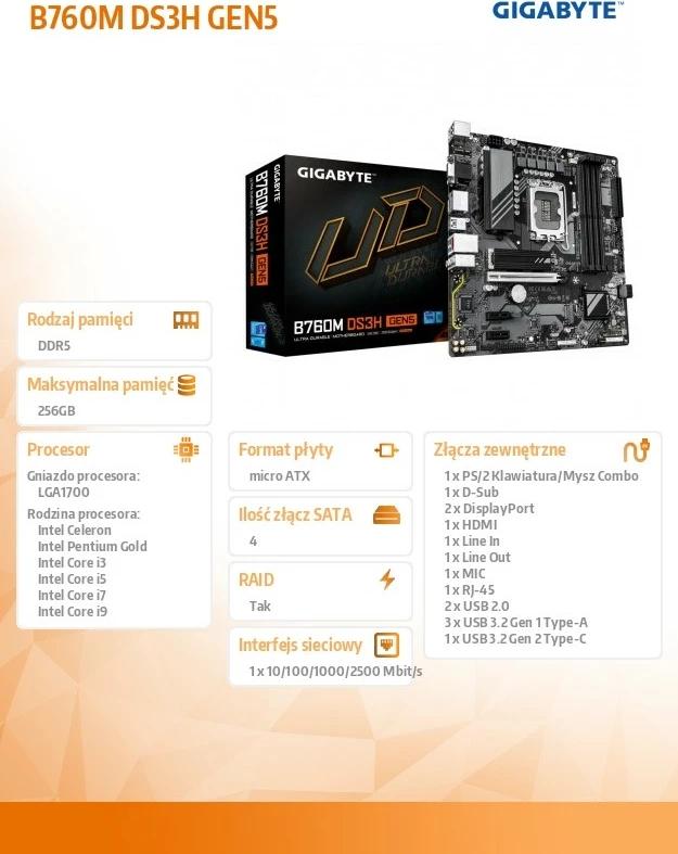 Kasë Gigabyte B760M DS3H GEN5, LGA1700, DDR5, micro ATX, e zezë