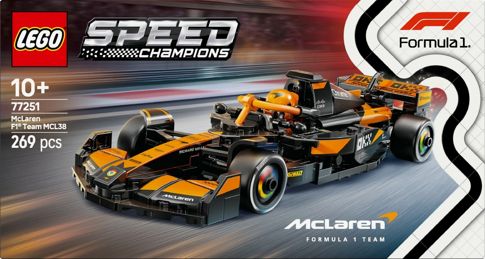 Set LEGO Speed Champions McLaren F1 Team MCL38, 269 pjesë, portokalli/zezë