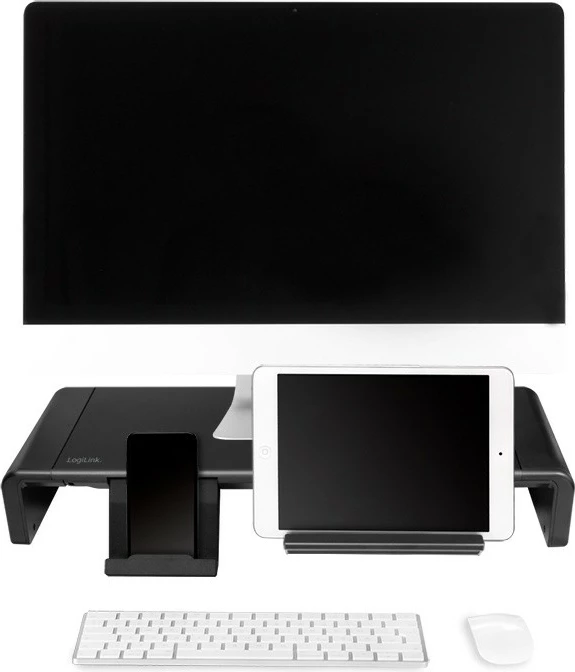 Mbajtës monitori LogiLink BP0140, ergonomik, i palosshëm, me sirtar dhe mbajtëse telefoni, i zi