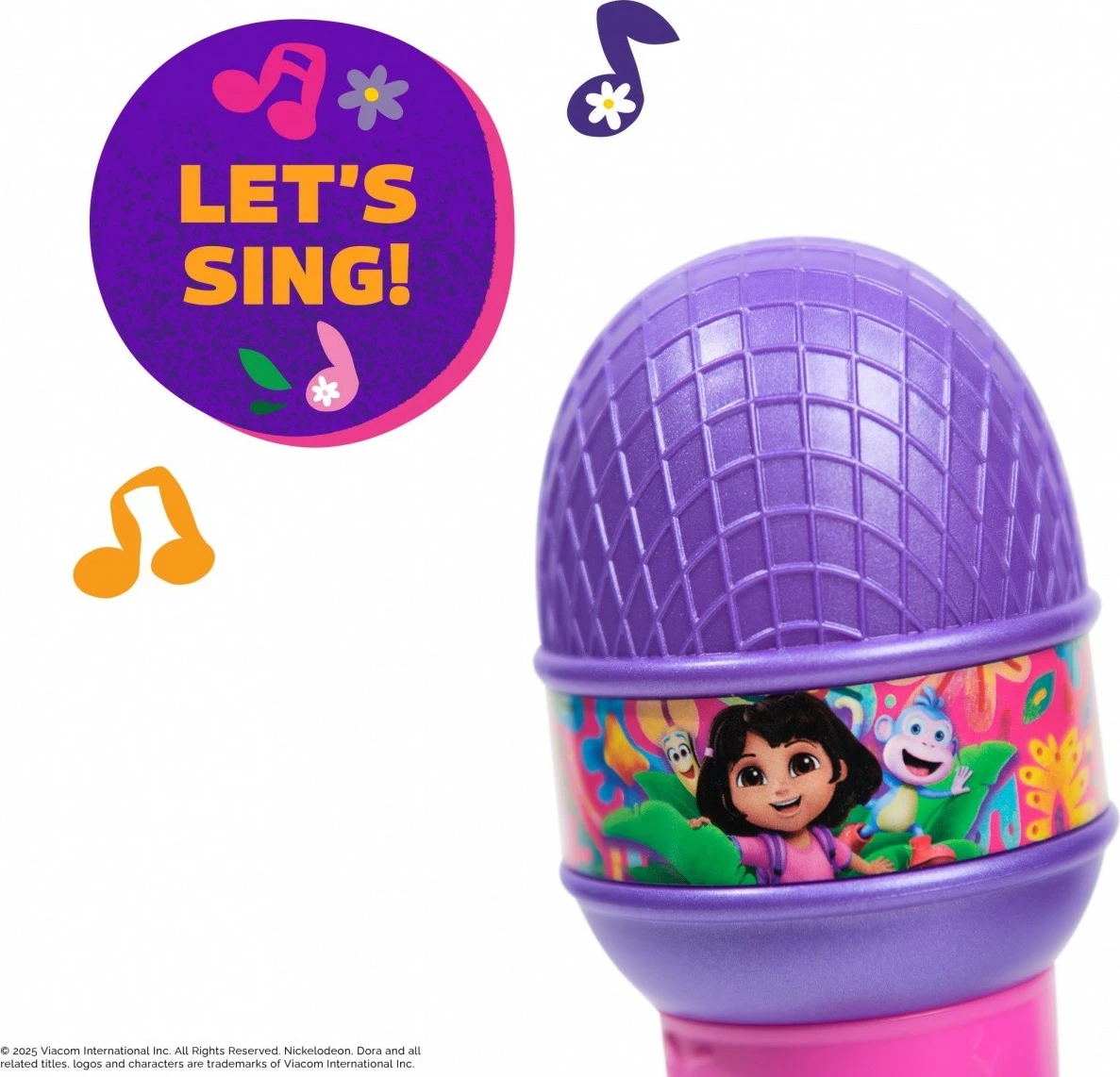 Mikrofon lodër Dora Spin Master 6074991, 19.5 cm, 5 këngë & fraza dygjuhëshe, me bateri, rozë/vjollcë