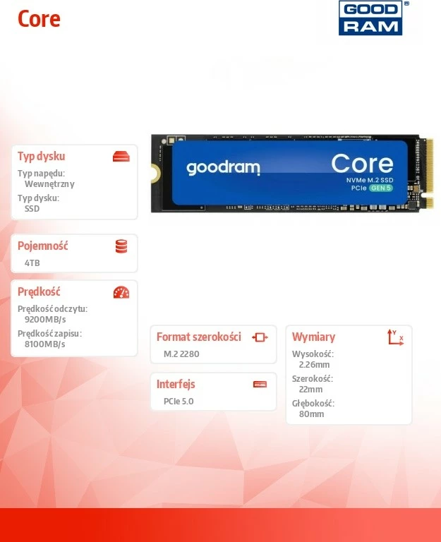 SSD GOODRAM Core 4TB, M.2 2280, PCIe 5.0, NVMe, i brendshëm
