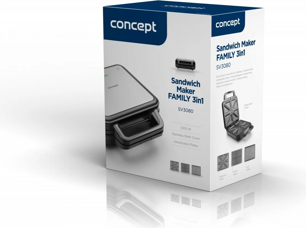 Tostierë 3-në-1 Concept SV3080, 1200W, pllaka të ndërrueshme, e zezë/inox