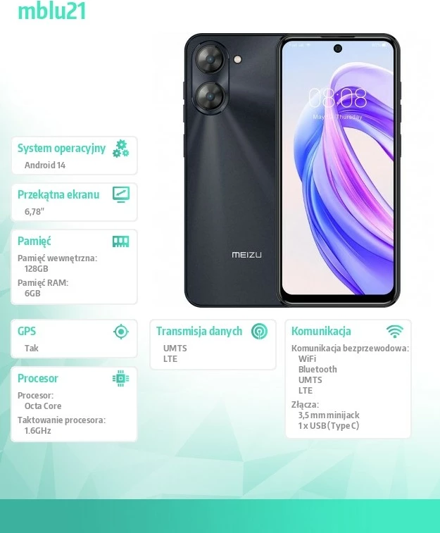 Celular MEIZU mblu21, 6 GB RAM, 128 GB, i zi