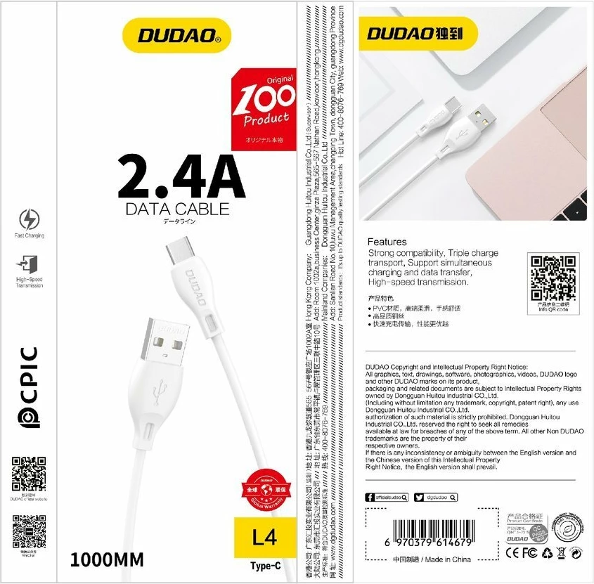 Kabllo Dudao L4L, USB në Lightning, 1m, 2.4A, e bardhë