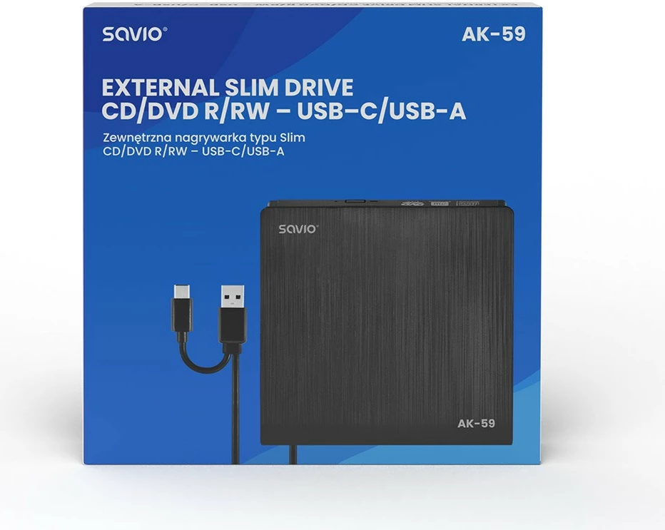 Lexues/shkrues i jashtëm CD/DVD Savio AK-59, USB-C/USB-A, i zi