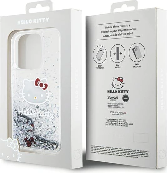 Mbështjellës Hello Kitty Liquid Glitter Charms për iPhone 14 Pro, argjendtë