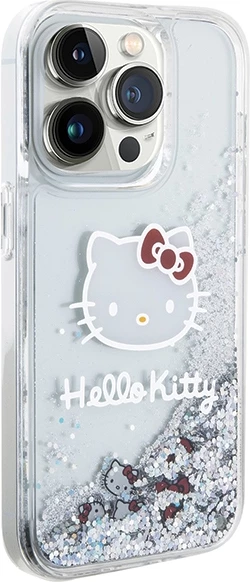 Mbështjellës Hello Kitty Liquid Glitter Charms Kitty Head për iPhone 15 Pro, argjend