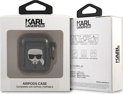 Mbështjellës Karl Lagerfeld KLA2UKHGK për AirPods 1/2, Glitter, i zi
