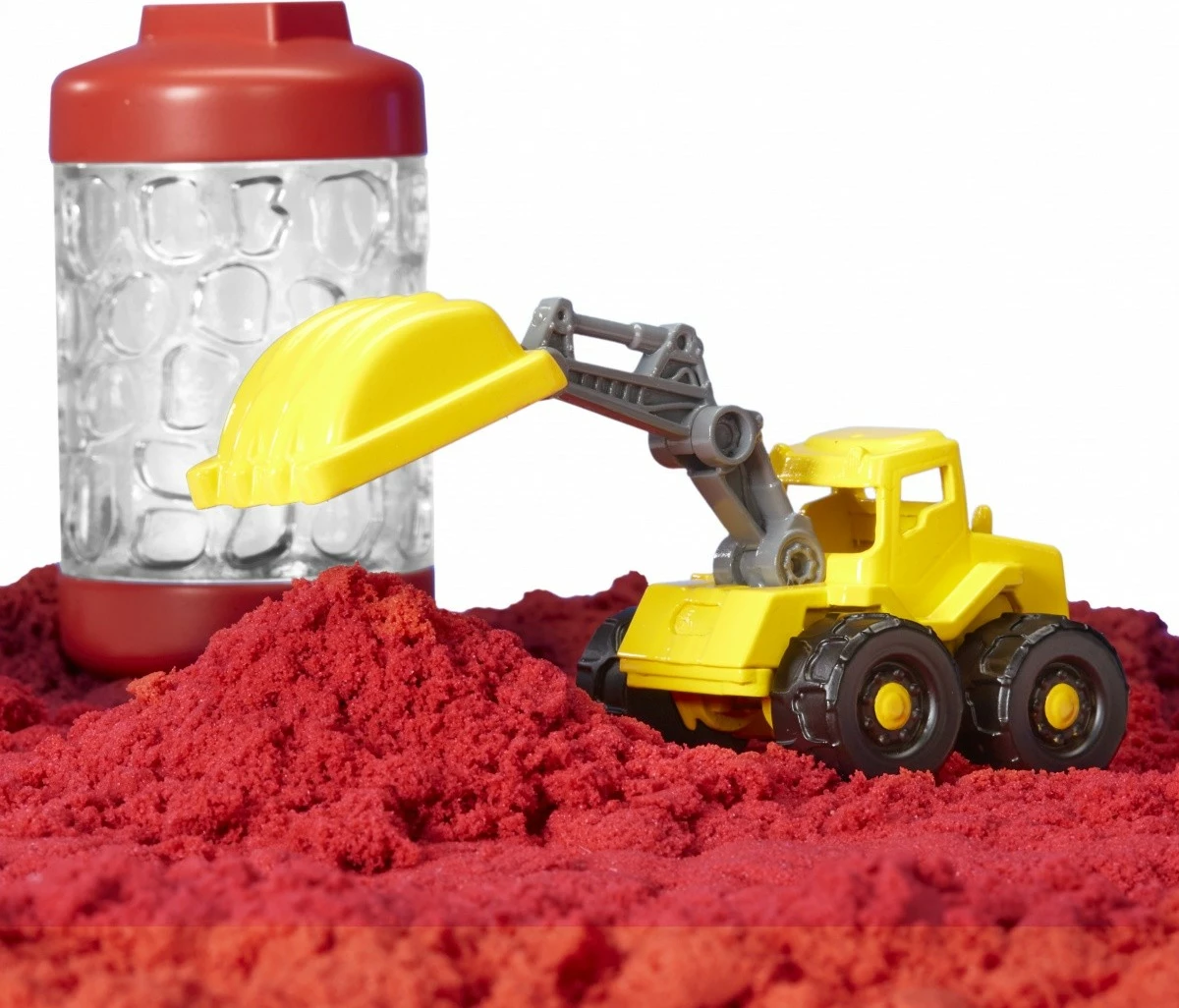Set lodrash me rërë kinetike Wonder Factory Never Dry Sand Trucks, MGA, ekskavator, plastik, e kuqe