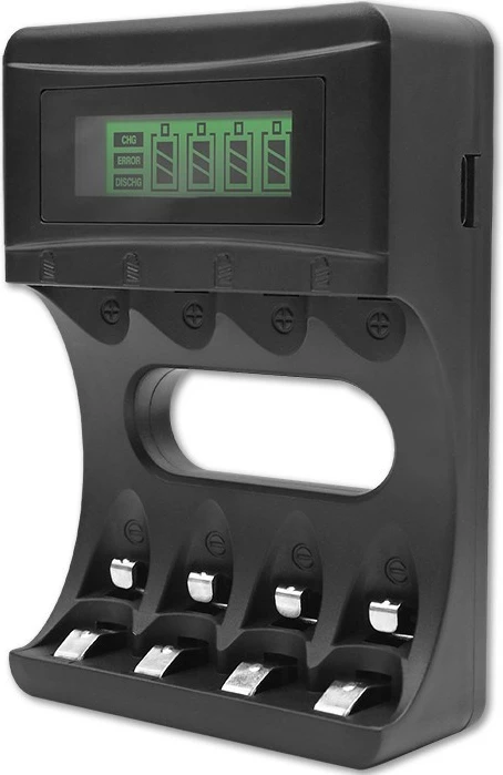 Karikues baterish Qoltec 50654, Ni-MH/Ni-Cd, 4 vende, me ekran LCD, i zi