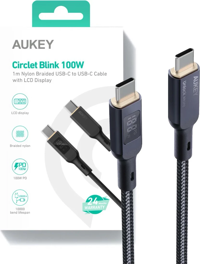 Kabllo USB-C në USB-C AUKEY CB-MCC102, 1.8m, LED, 100W PD, E zezë