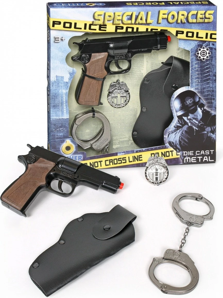 Set policie për fëmijë Pulio Gonher 155425/6, me pistoletë, pranga dhe kaburë, ngjyrë zezë/kafe/argjend