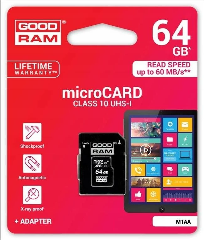 Kartelë memorie microSD GOODRAM M1AA-0640R12, 64GB, me adapter