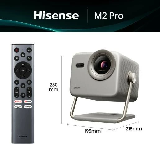 Projektor lazer 4K, Hisense M2 Pro, 1300 ANSI lm, short throw 1.0–1.3:1, auto-focus/keystone, Wi‑Fi/Bluetooth, gri