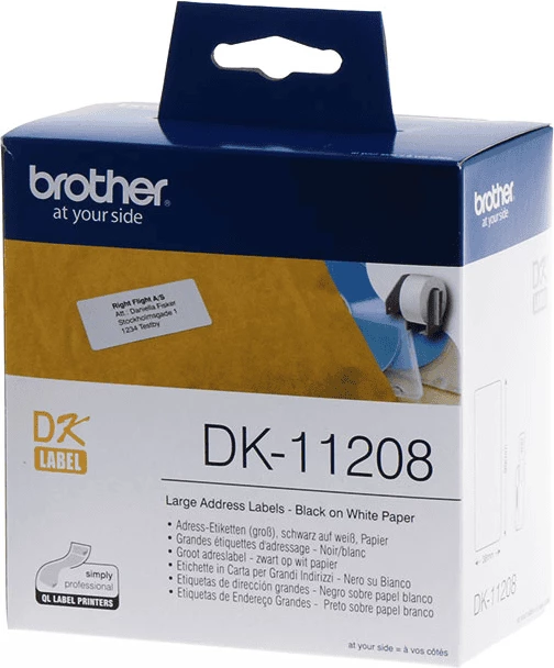 Etiketa adrese Brother DK-11208 (DK11208), 38 x 90 mm, e zezë mbi të bardhë