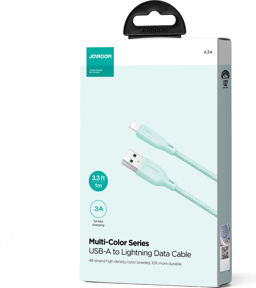Kabllo Joyroom Multi-Color Series S-A34, USB-A në Lightning, 1m, 3A, e gjelbër