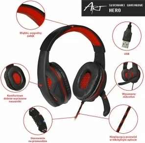 Kufje gaming ART HERO me mikrofon, USB, të zeza/kuqe