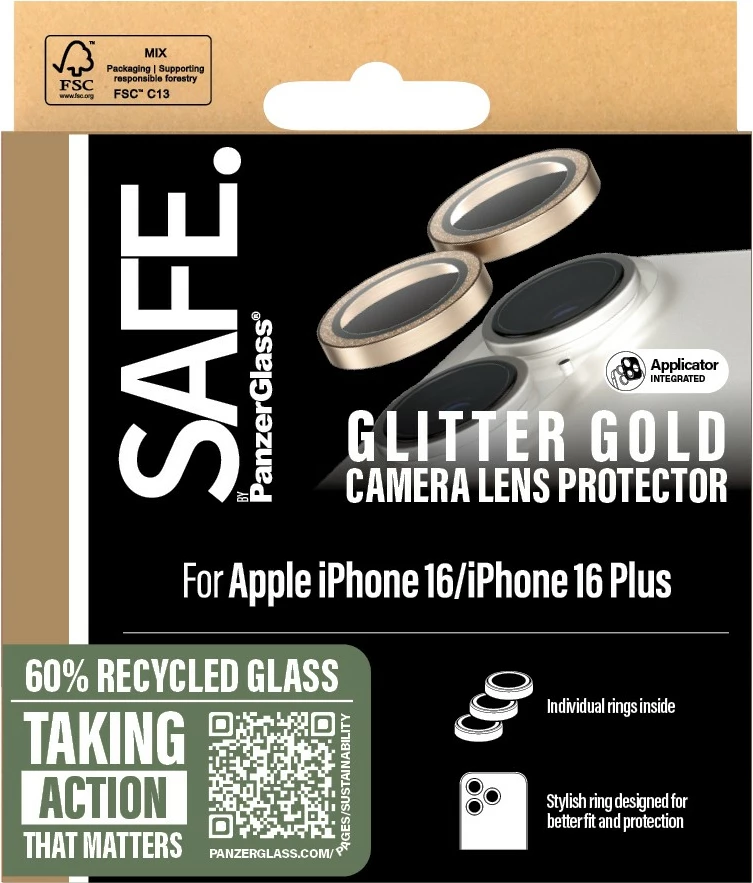 Mbrojtës kamerë PanzerGlass për iPhone 16/16 Plus, glitter gold