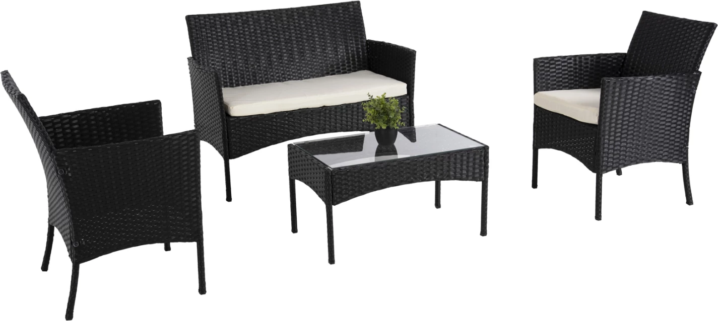 Set salloni për jashtë 4 pjesë STASIA FH6089.04 ratan sintetik në të zezë-jastëkë në bezhë