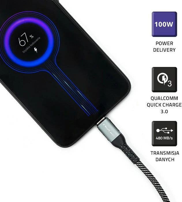 Kabllo USB Type-C Qoltec 52357, 1m, 100W, USB 2.0, QC 3.0, PD, e zezë