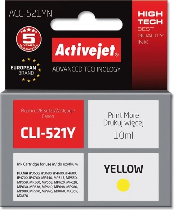 Ngjyrë zëvendësuese Activejet ACC-521YN për printer Canon, 10ml, e verdhë