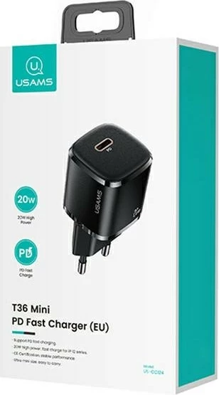 Karikues rrjeti USAMS T36, 20W, 1x USB-C, me kabllo USB-C në Lightning, i zi