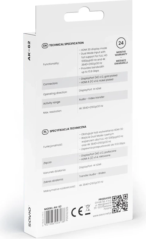 Adapter Savio DisplayPort (M) v1.2 - HDMI A (F) v1.4, 4K, AK-62