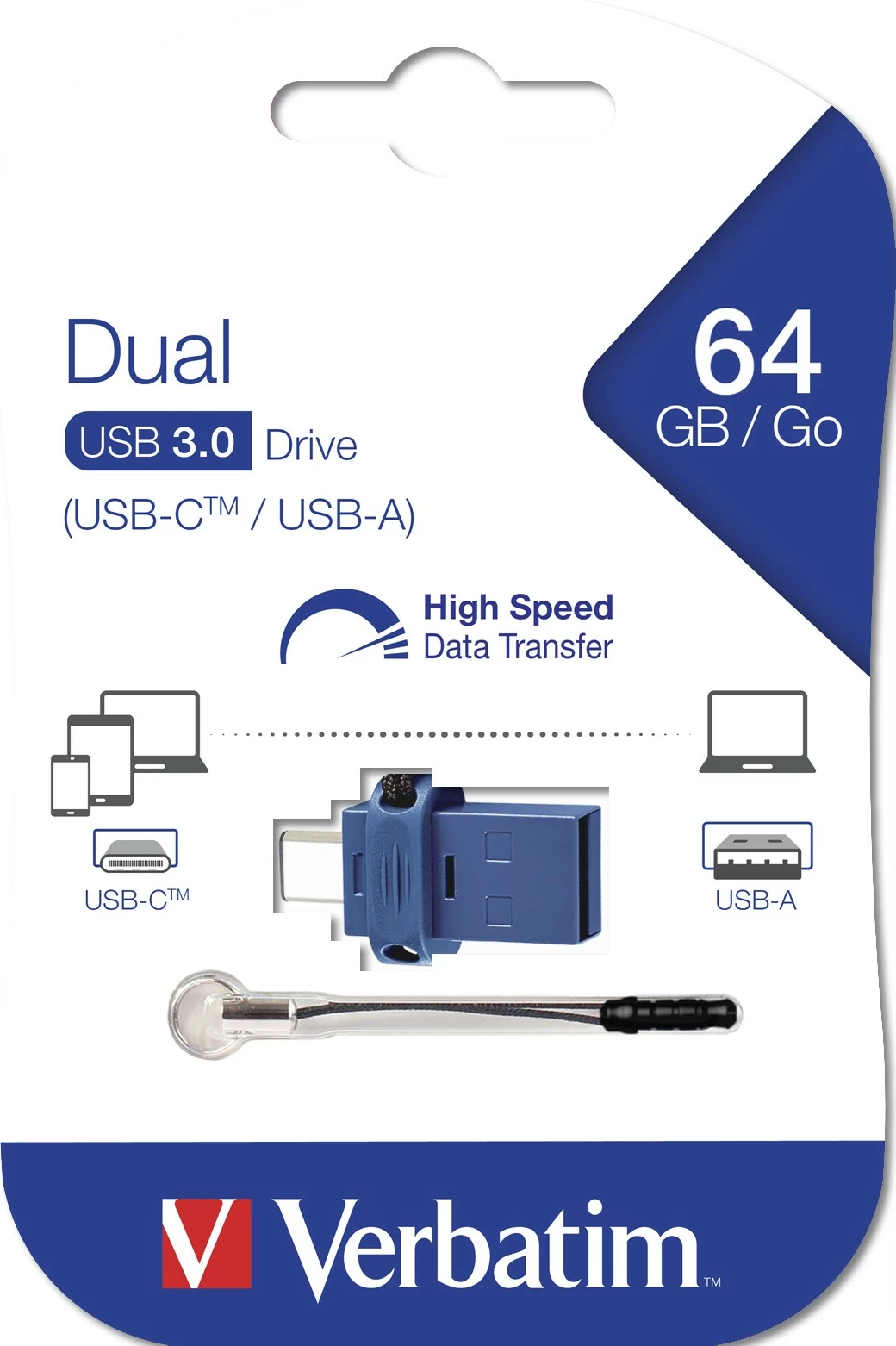 USB stick Verbatim Dual 64GB, USB 3.0, USB-C/USB-A, blu