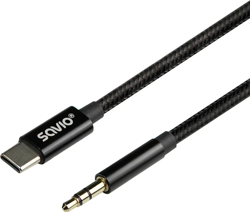 Kabllo audio Savio CL-188, USB-C në mini-jack 3.5mm, 2m, Zi