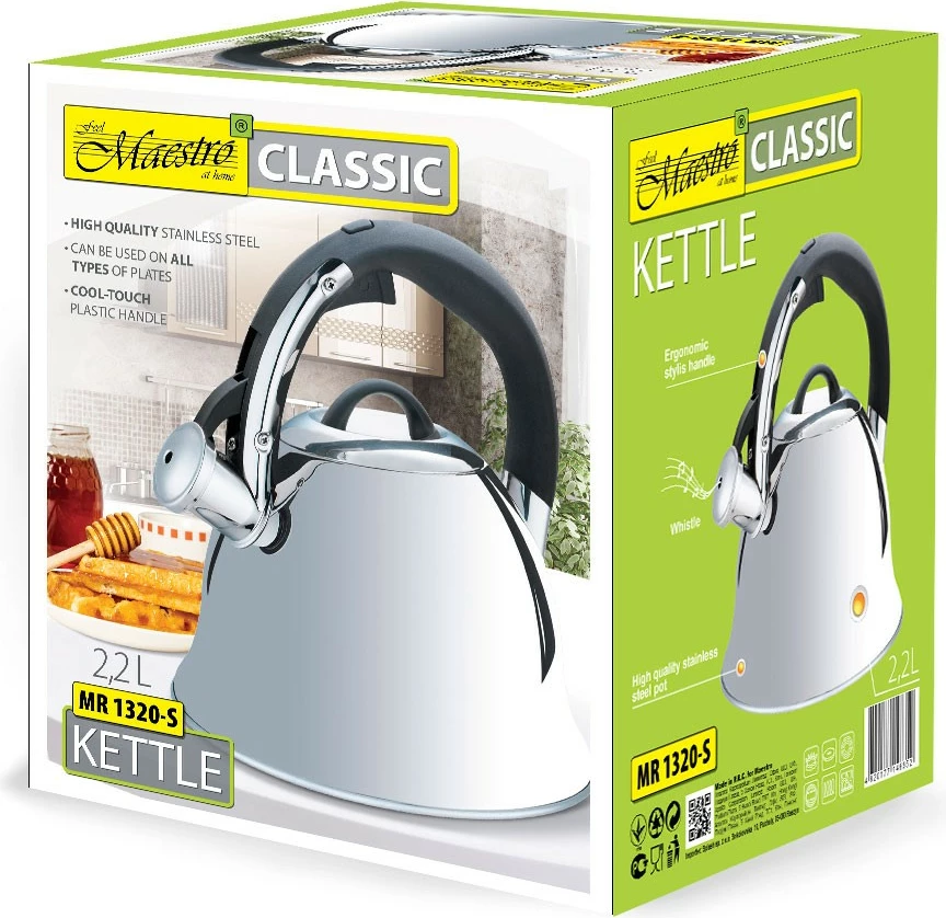 Çajnik klasik Feel-Maestro MR-1320-S, 2.2L, i zi/argjendtë, për të gjitha llojet e sobave