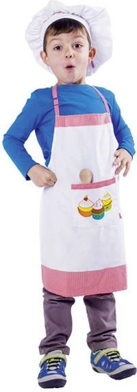 Set gatimi për fëmijë GOKI me përparëse, kapelë kuzhinieri dhe lugë druri