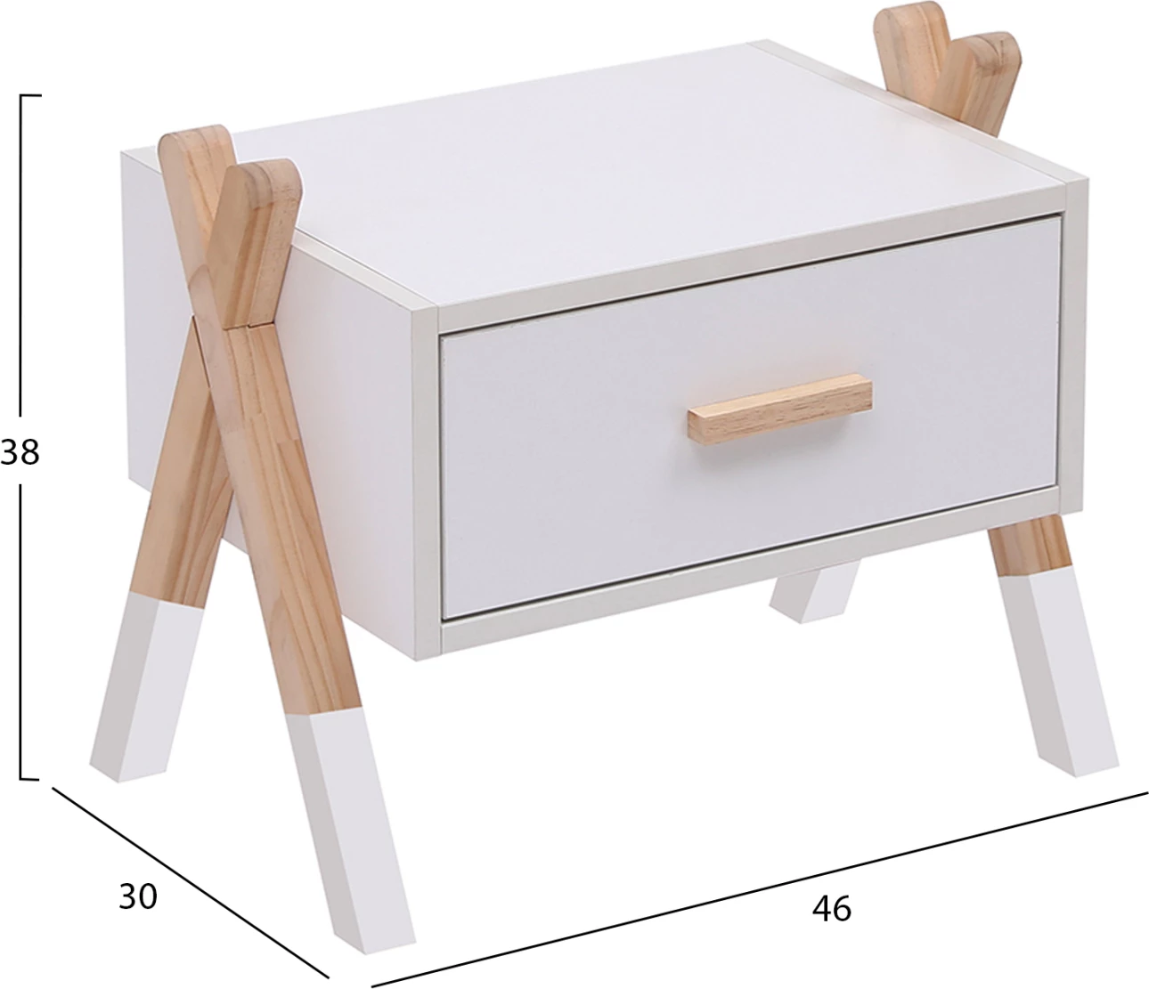Komodinë PASCHAL, ngjyrë e bardhë, këmbë druri natyrale, FH2497.03, 46x30x38cm